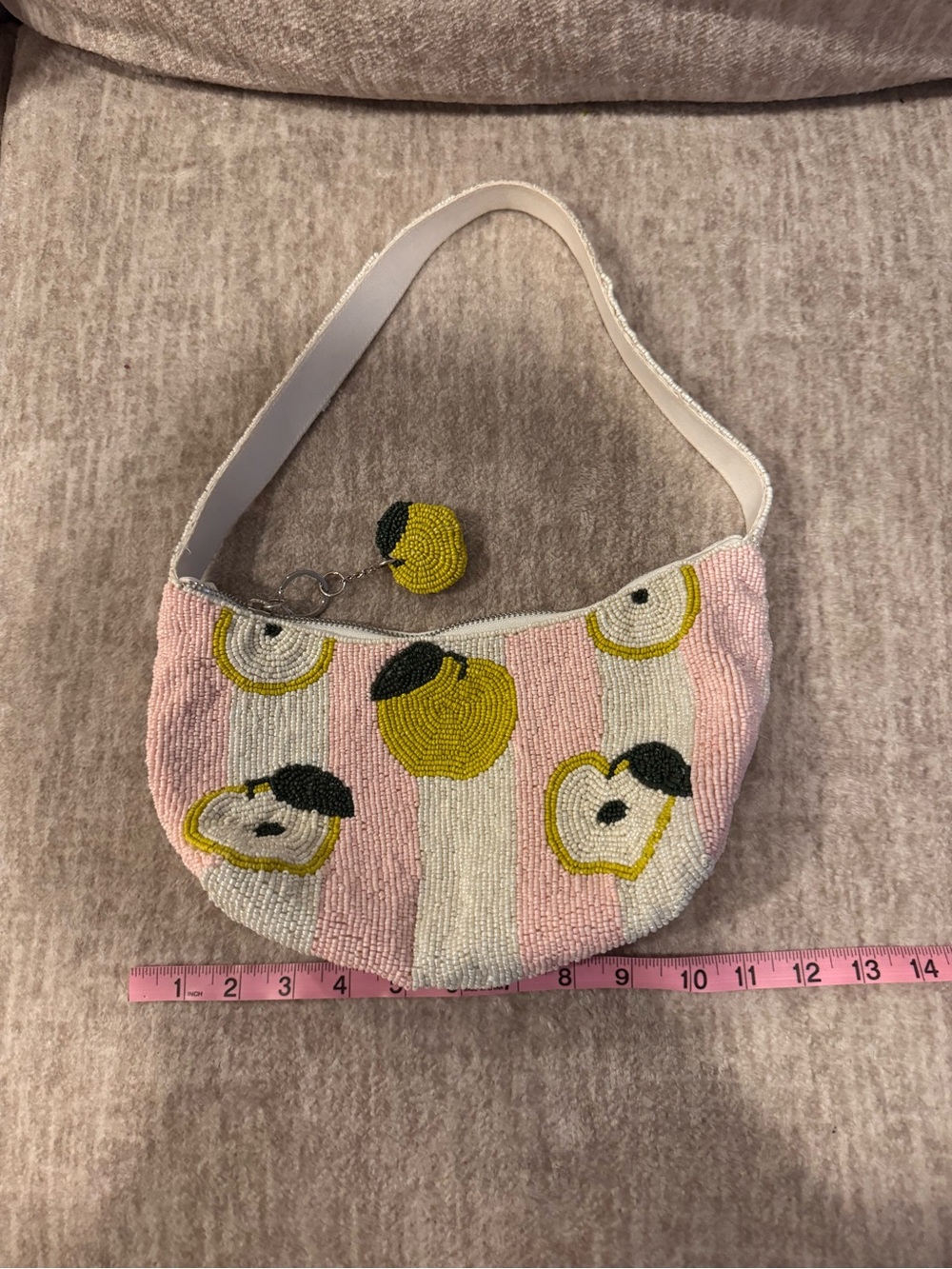 Handmade Indian Beaded Pink and White Striped Design with Green Apple Motifs Bag